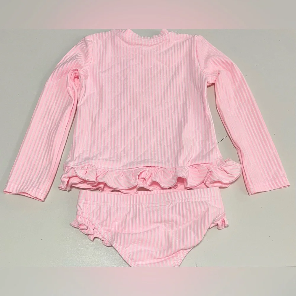 Pink Striped Kids 2 piece bathing suit with monogrammed “B” - Picture 7 of 7
